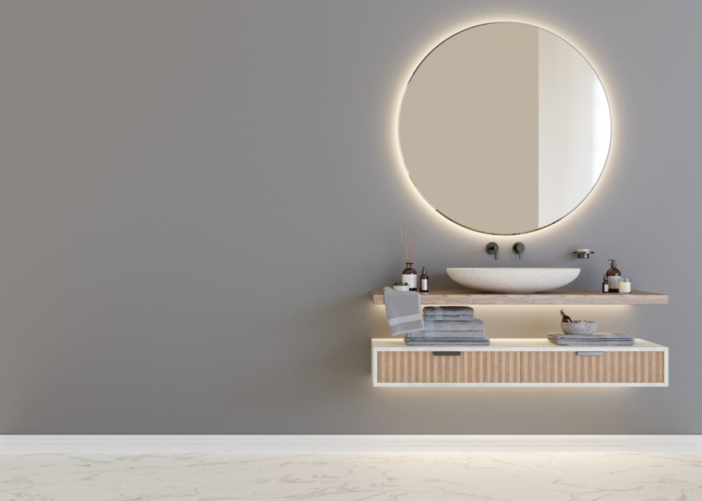Beautiful and modern bathroom. Washbasin. Home interior in contemporary style.