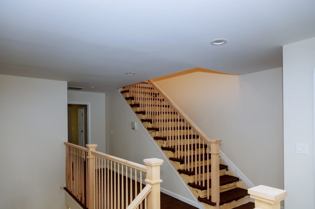 Beautiful stair railing and steps in house for stairs wooden planks around pole