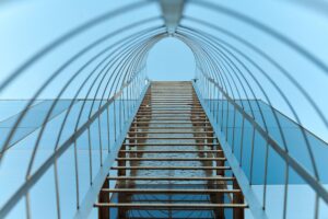 Fire escape staircase, emergency fire exit, bottom view