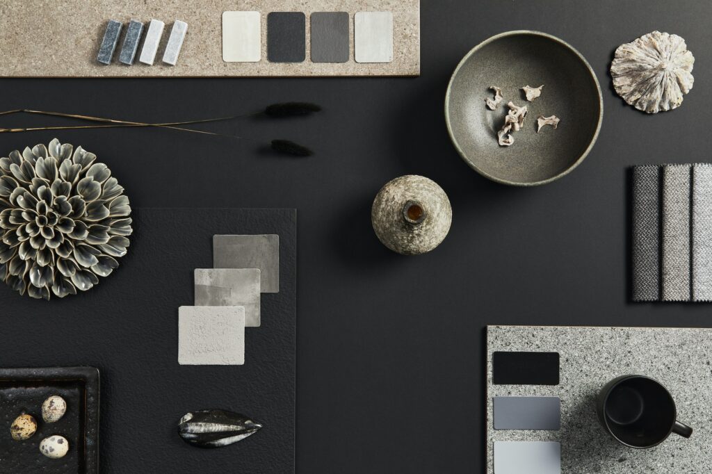Flat lay composition of creative black architect moodboard