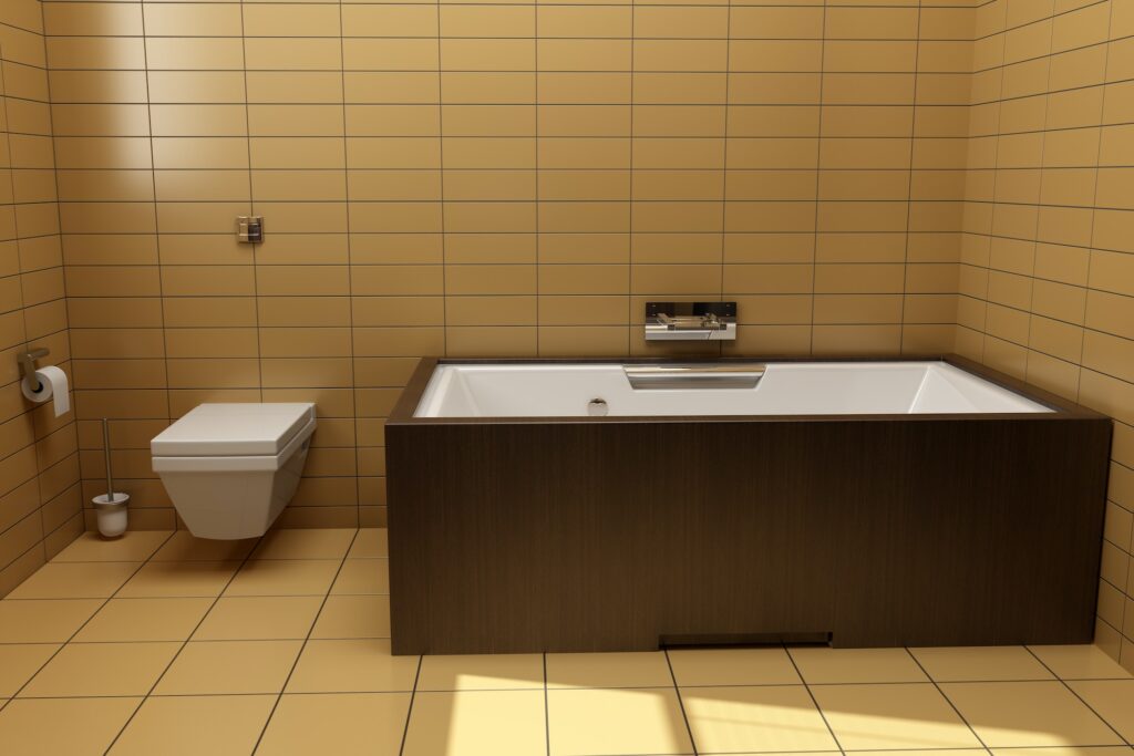 japanese style bathroom with brown tiles