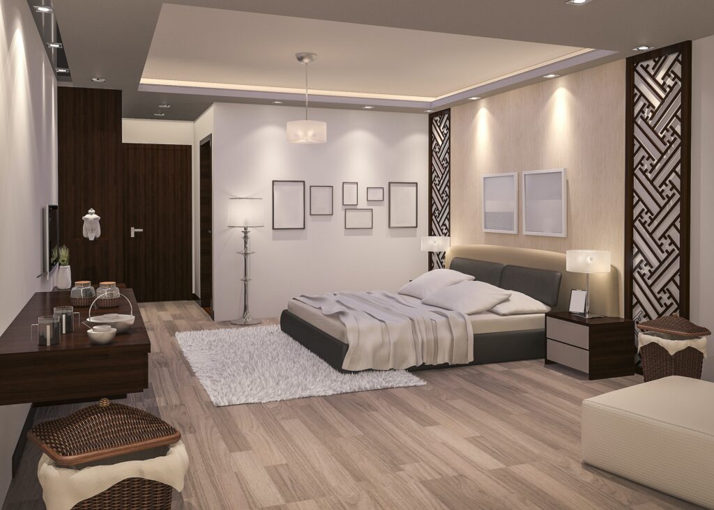 3d rendering night bedroom with parquet floor