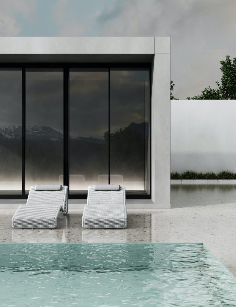 Modern luxury house with a pool in the mountains, 3d rendering