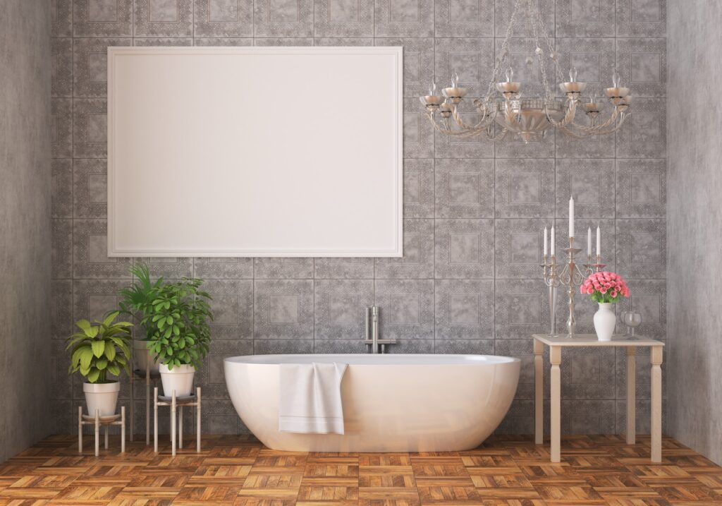 3D Modern interior of bathroom with mockup poster frame